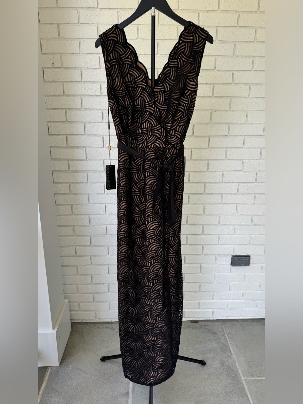 Tadashi Shoji Black Lace Overlay Full-Length Gown with Nude Lining